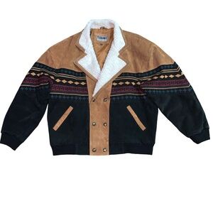 Vintage Tuskany Aztec Suede Bomber Jacket, Western Sherpa Lined Bomber Tan XXXL